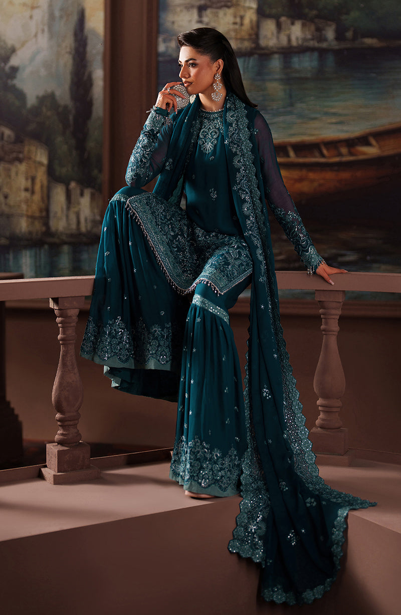Elegant Sequins Embroidered Chiffon Shirt and Sharara Set