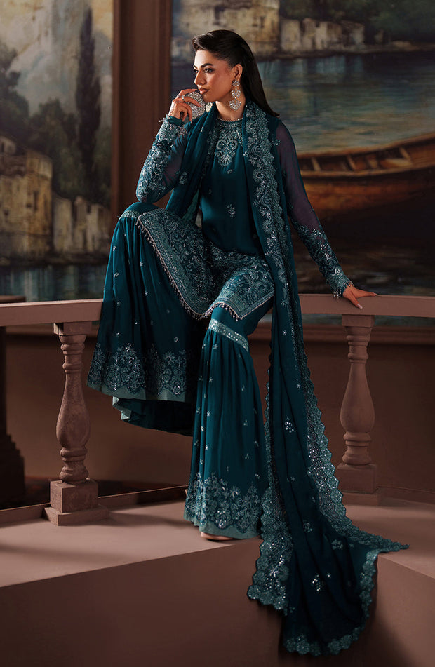 Elegant Sequins Embroidered Chiffon Shirt and Sharara Set