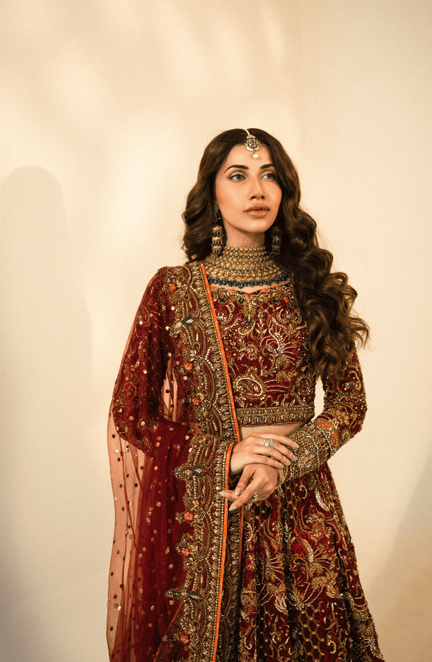 Stunning Maroon Pakistani Bridal Lehenga with Dupatta