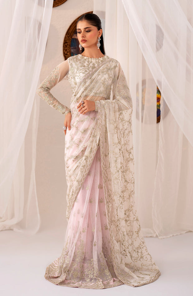 Elegant Pearl Sequins Embroidered Net Top & Raw Silk Trouser