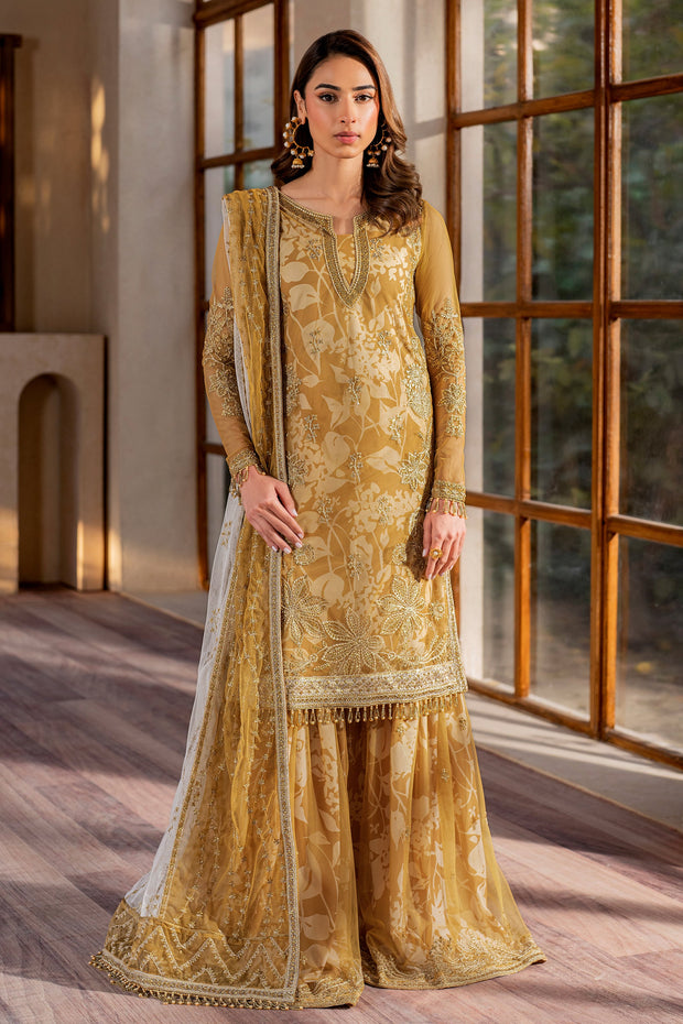 Yellow Sequins Embroidered Net Shirt with Sharara