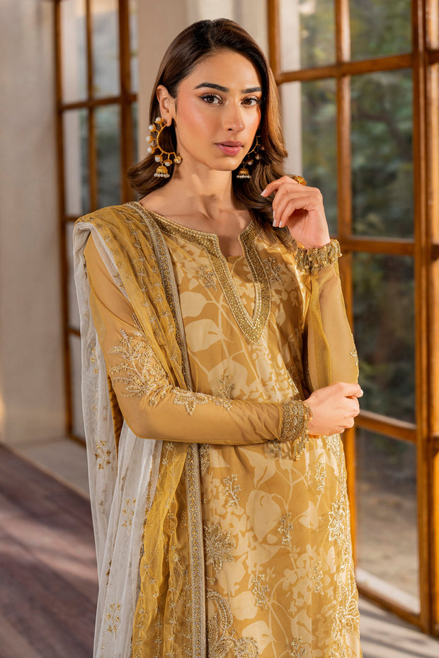 Yellow Sequins Embroidered Net Shirt with Sharara