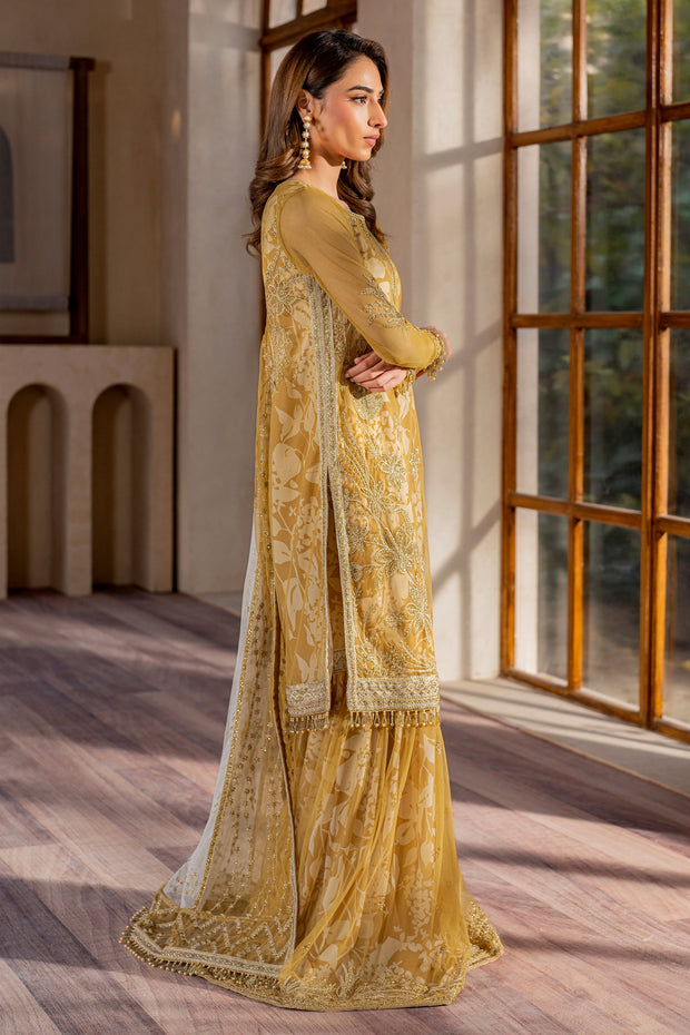 Yellow Sequins Embroidered Net Shirt with Sharara