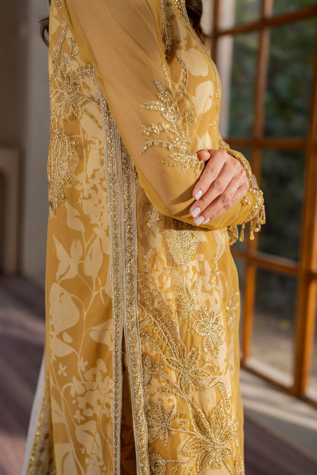 Yellow Sequins Embroidered Net Shirt with Sharara