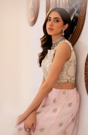 Elegant Pearl Sequins Embroidered Net Top & Raw Silk Trouser