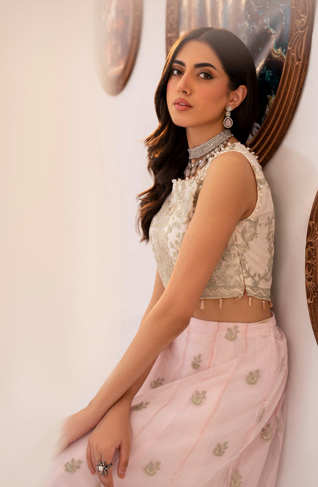 Elegant Pearl Sequins Embroidered Net Top & Raw Silk Trouser