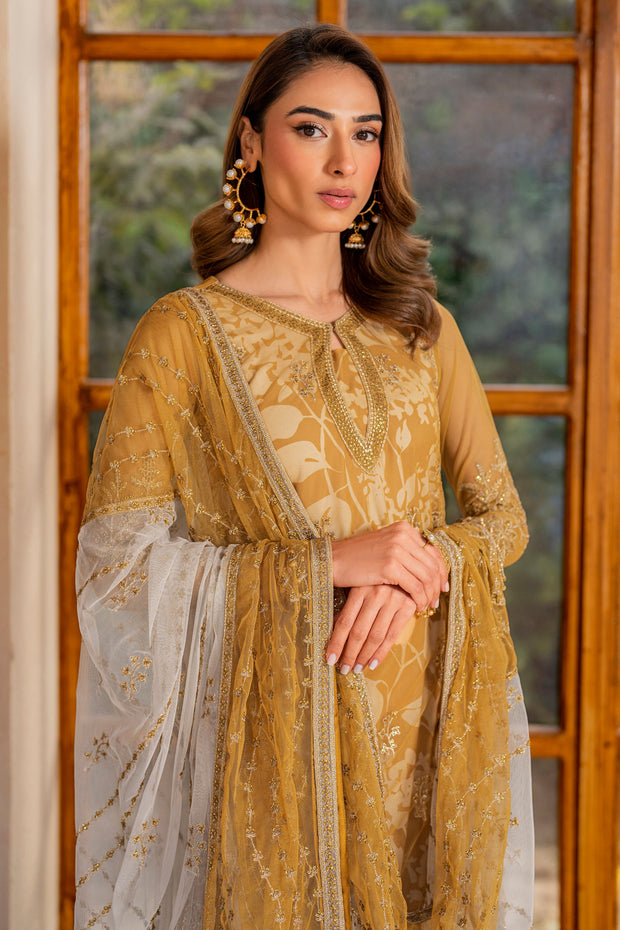 Yellow Sequins Embroidered Net Shirt with Sharara