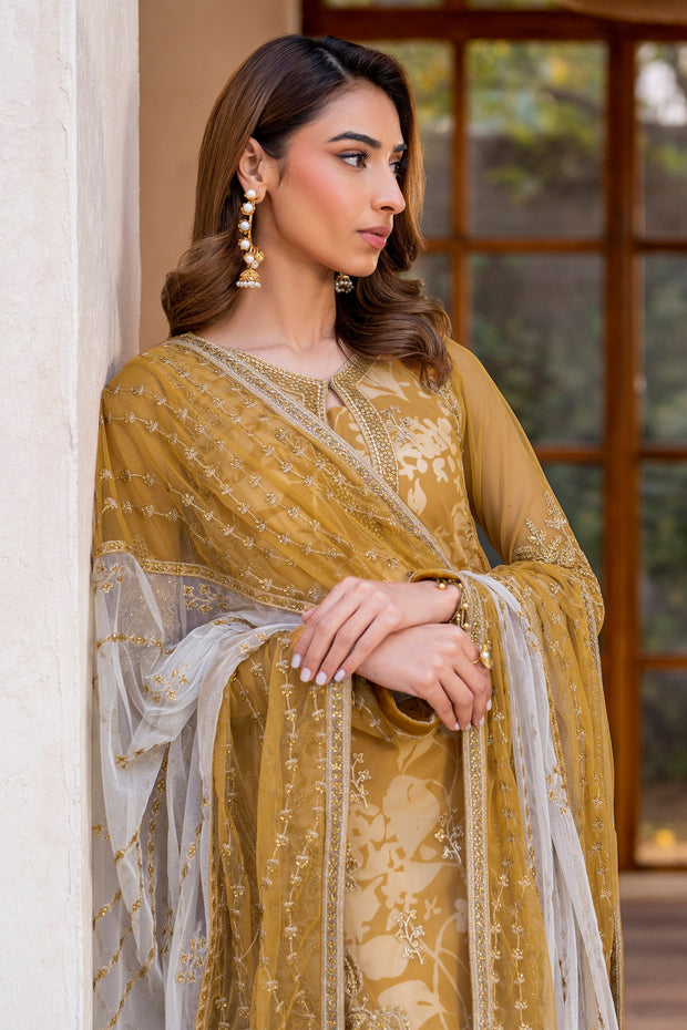 Yellow Sequins Embroidered Net Shirt with Sharara
