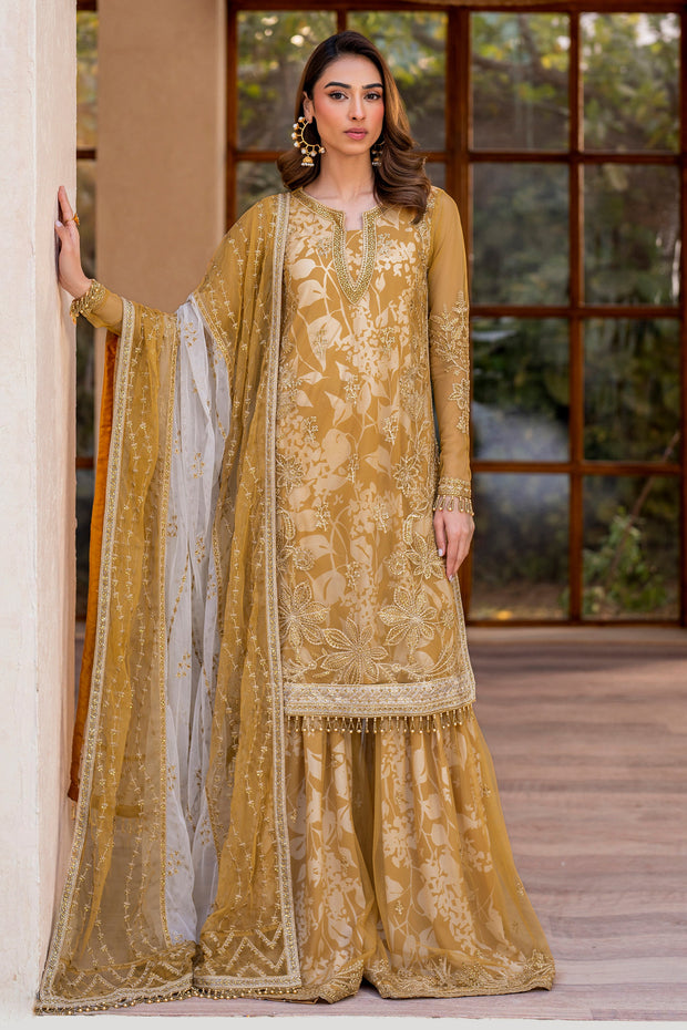 Yellow Sequins Embroidered Net Shirt with Sharara