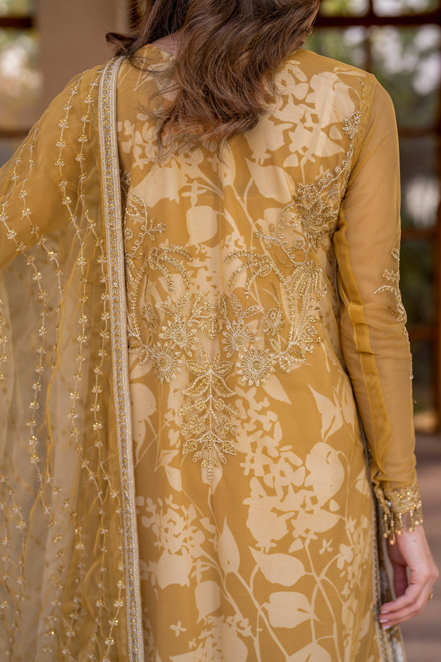 Yellow Sequins Embroidered Net Shirt with Sharara