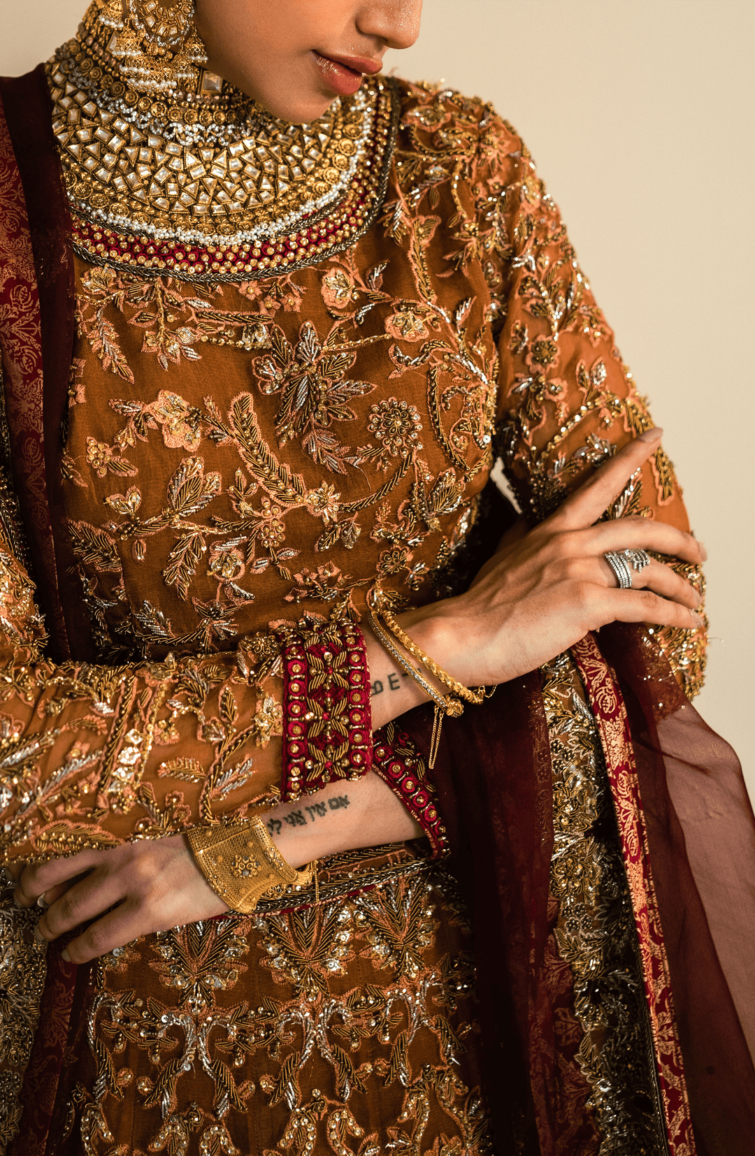 Elegant Mustard & Maroon Pakistani Bridal Lehenga Set