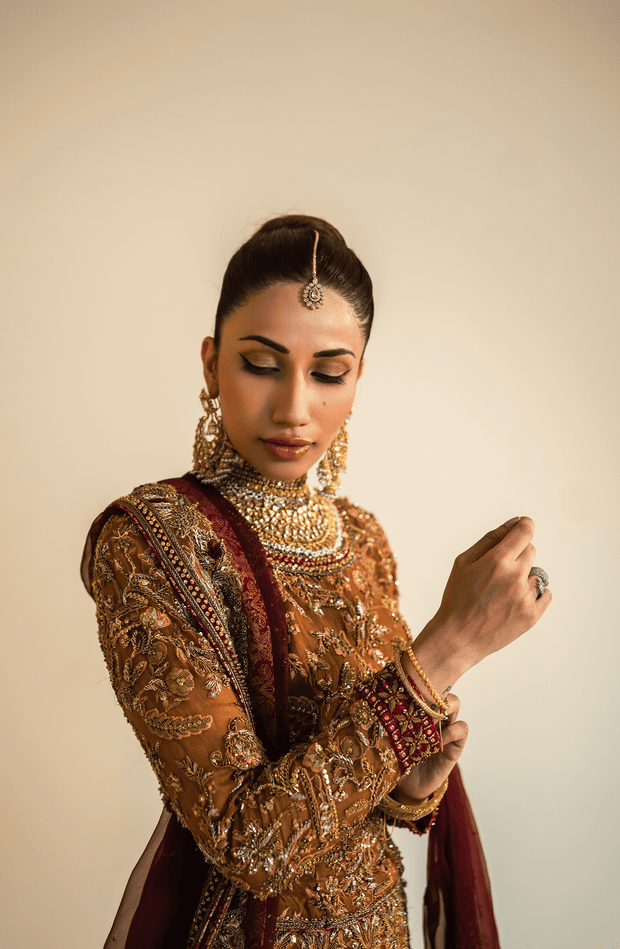 Elegant Mustard & Maroon Pakistani Bridal Lehenga Set