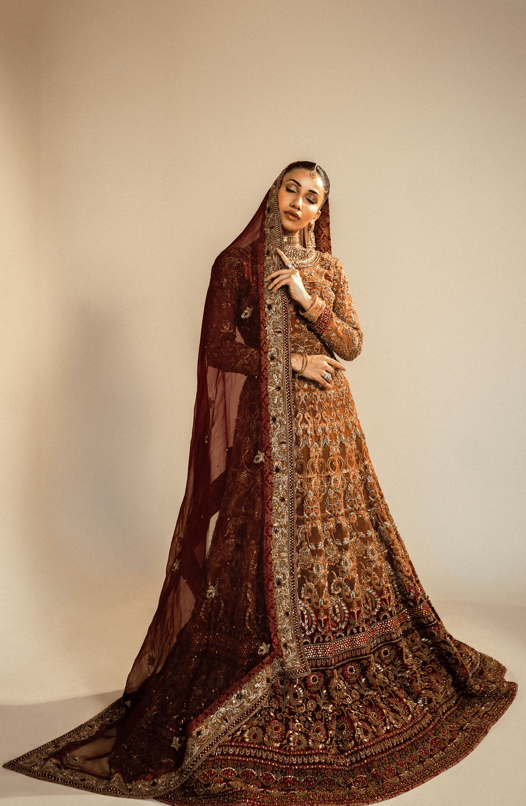 Elegant Mustard & Maroon Pakistani Bridal Lehenga Set