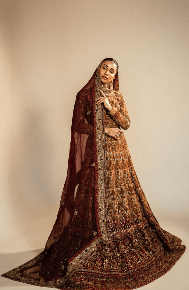 Elegant Mustard & Maroon Pakistani Bridal Lehenga Set