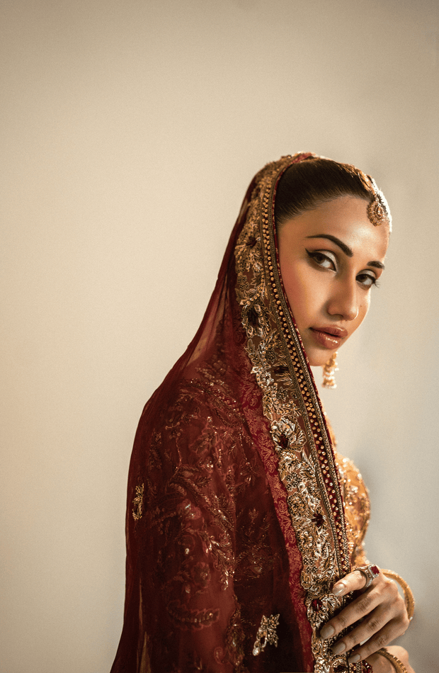 Elegant Mustard & Maroon Pakistani Bridal Lehenga Set