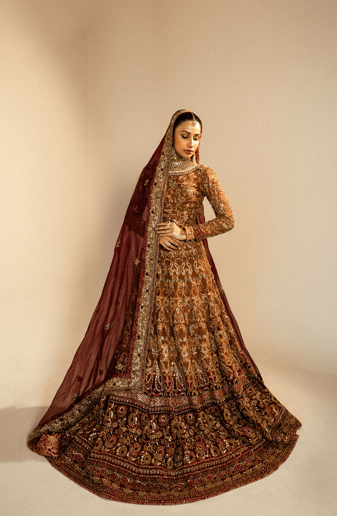 Elegant Mustard & Maroon Pakistani Bridal Lehenga Set