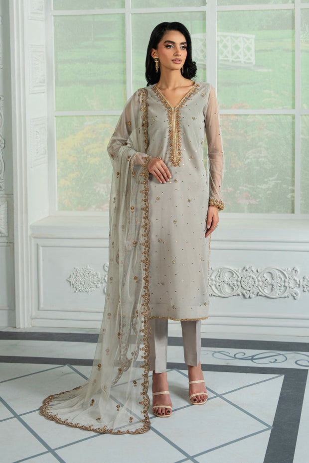 Embroidered Hand Embellished Net Dress with Raw Silk Trouser