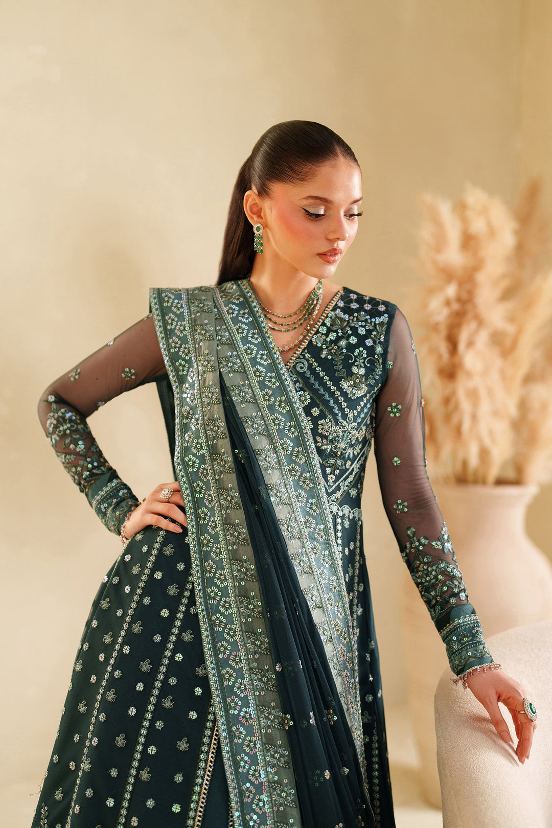 Elegant Blue Sequins Embroidered Net Pakistani Party Dress