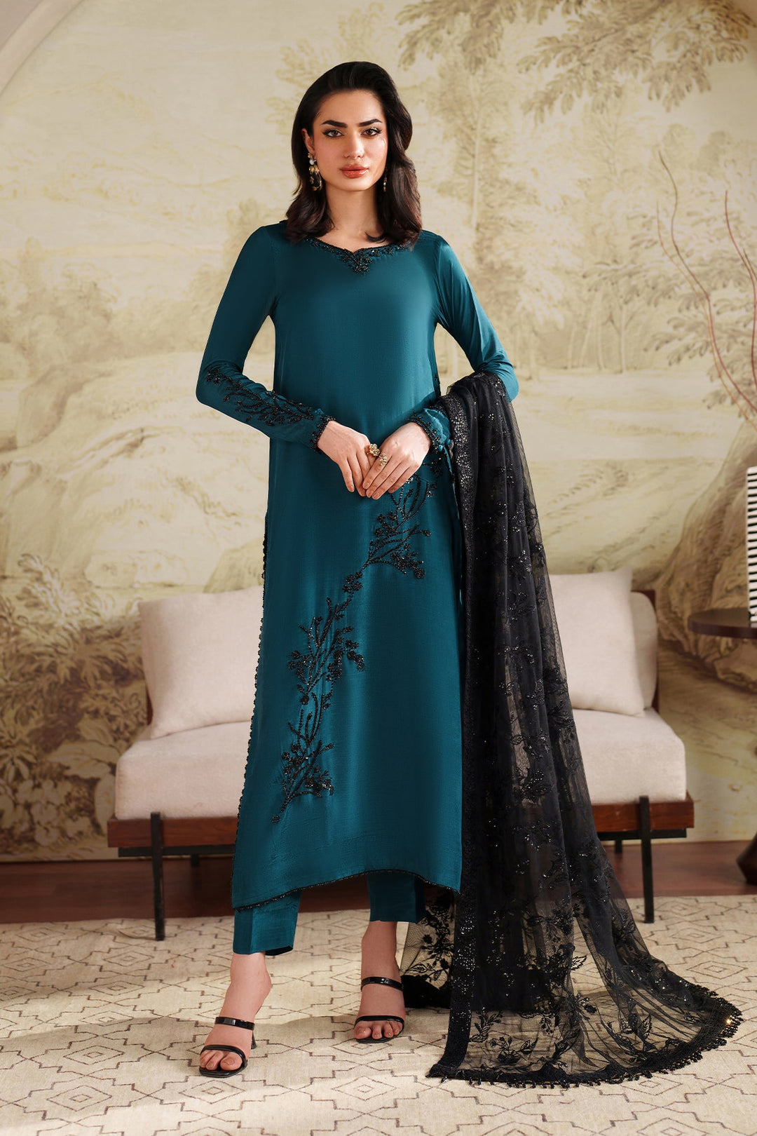 Elegant Hand Embellished Tussel Silk Pakistani Party Wear