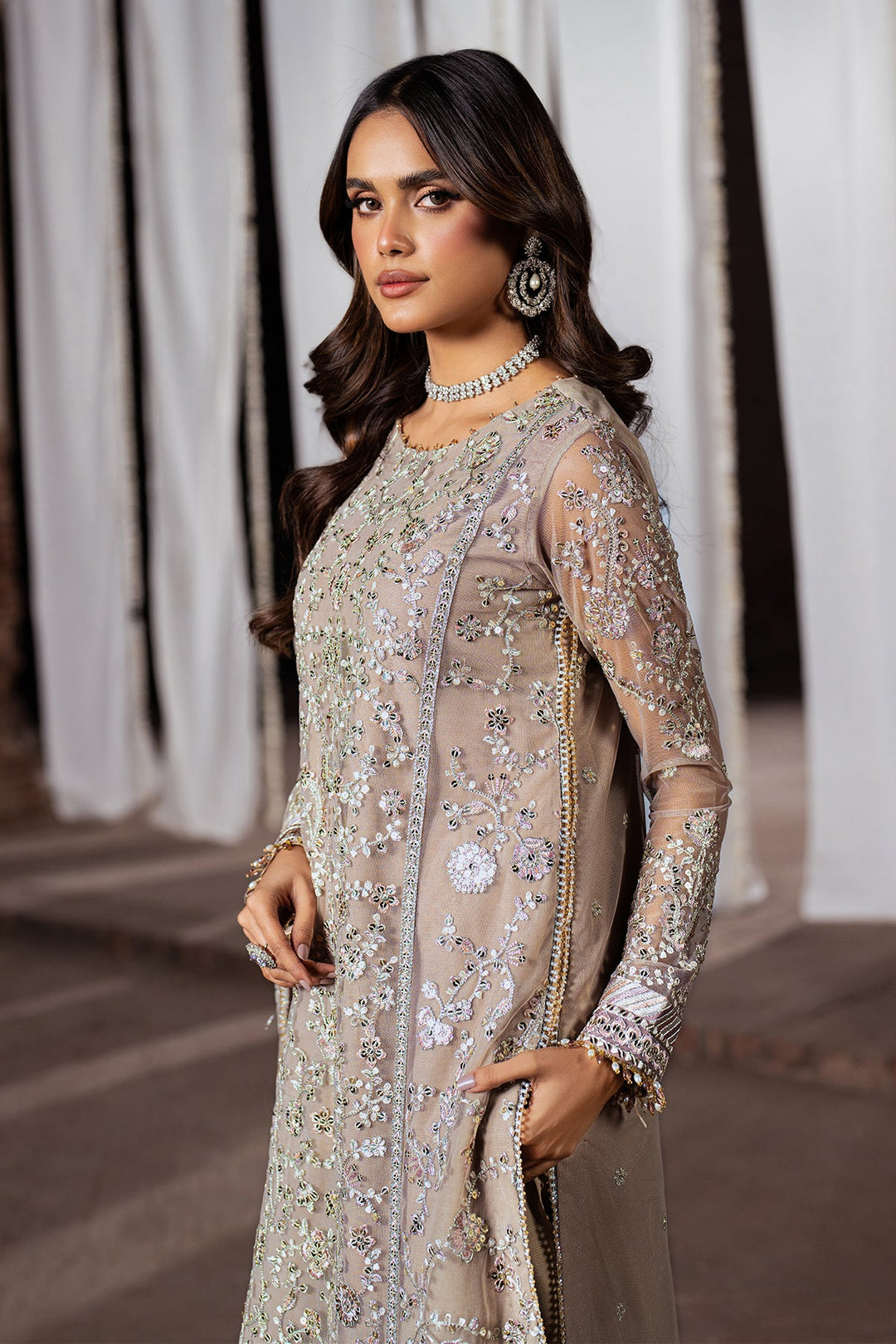 Pink Sequence Embroidered Net Shirt with Silk Sharara