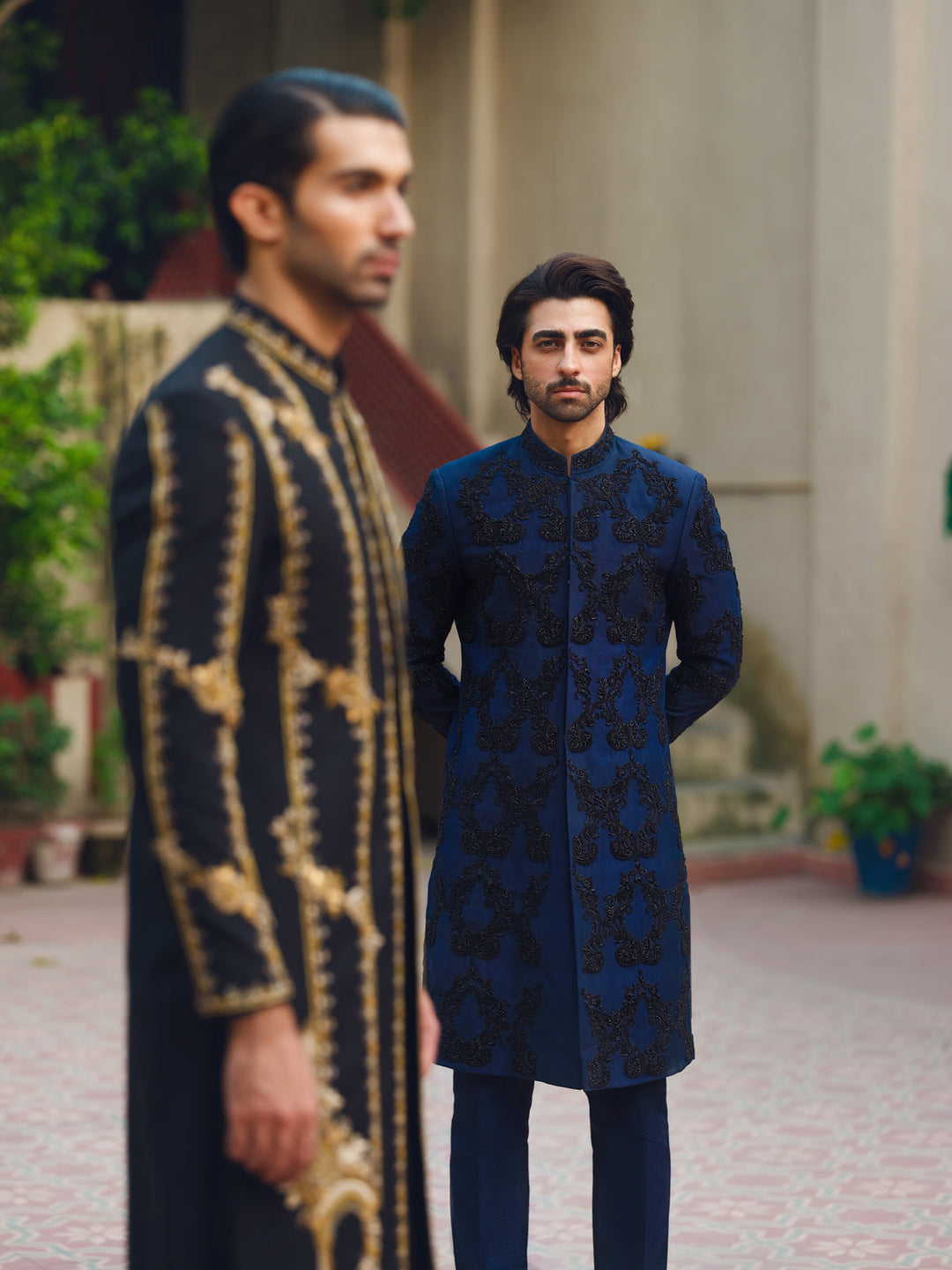 Navy Blue Embroidered Pakistani Sherwani for Grooms