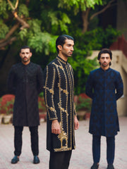 Navy Blue Embroidered Pakistani Sherwani for Grooms