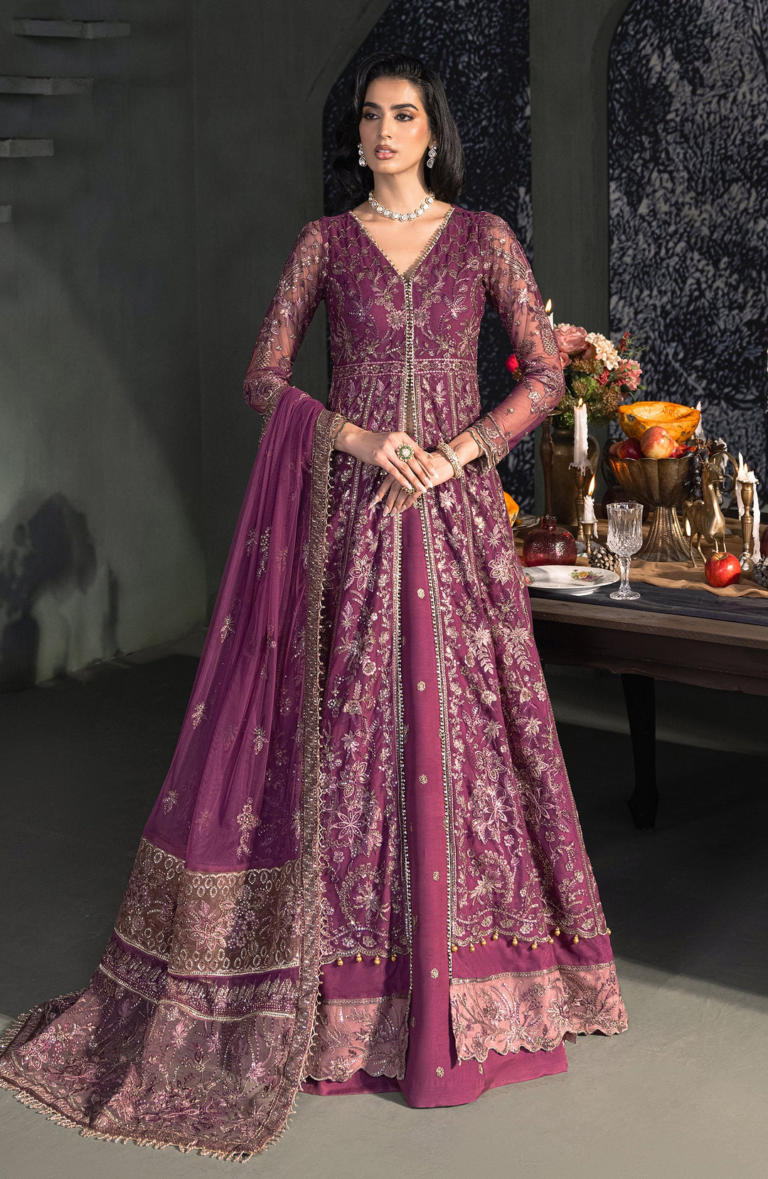Elegantly Embroidered Tea Pink & Magenta Lehnga Set