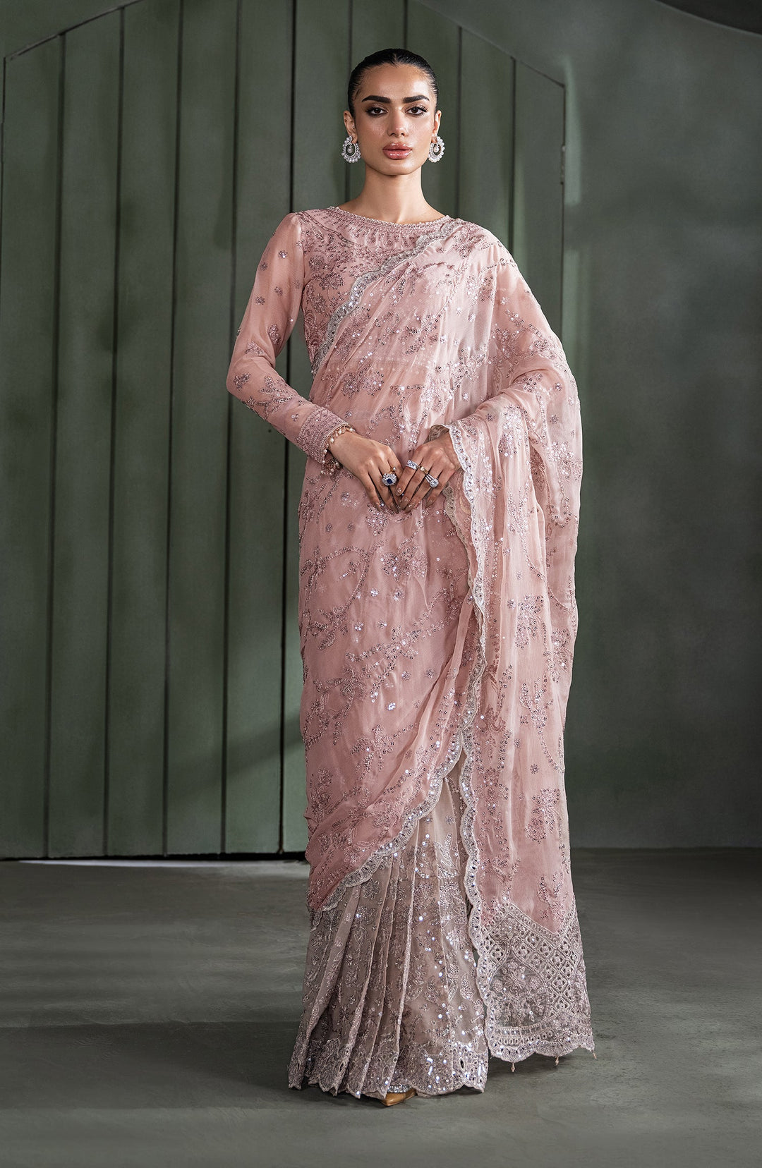 Elegant Sequins Embroidered Chiffon Blouse & Trouser Set