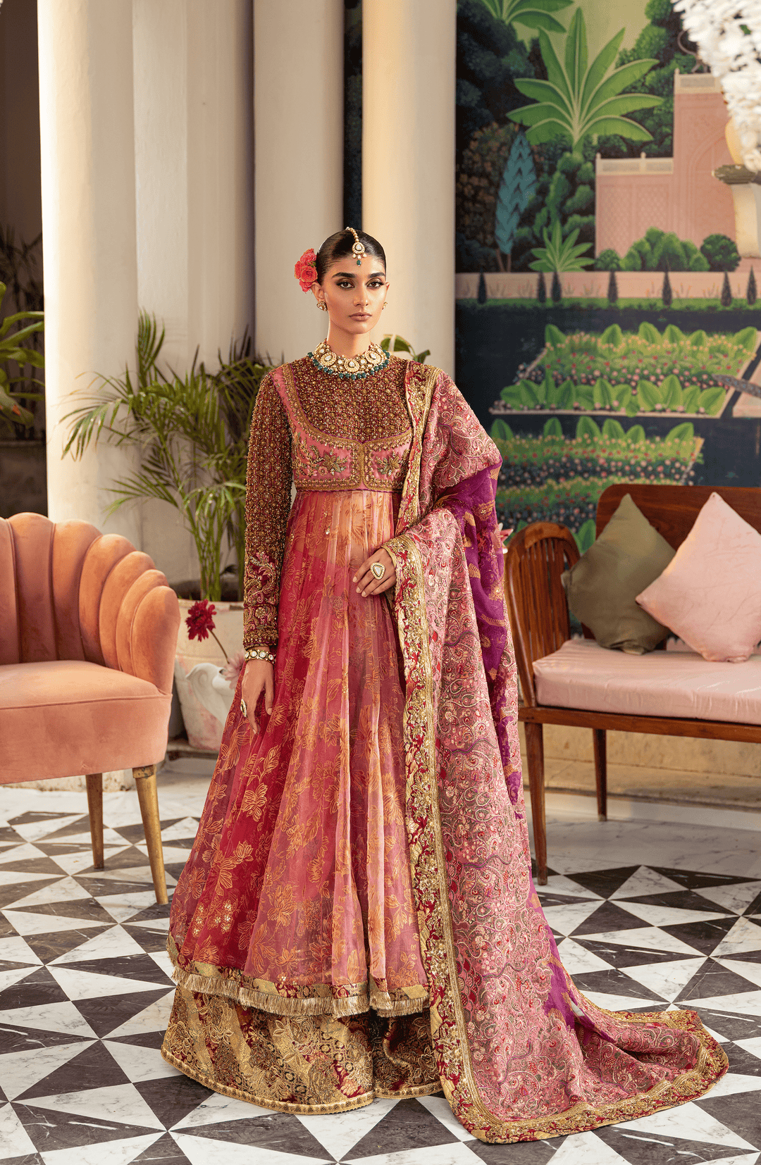 Elegant Watermelon-Pink Pakistani Bridal Dress Ensemble
