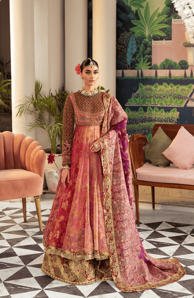 Elegant Watermelon-Pink Pakistani Bridal Dress Ensemble