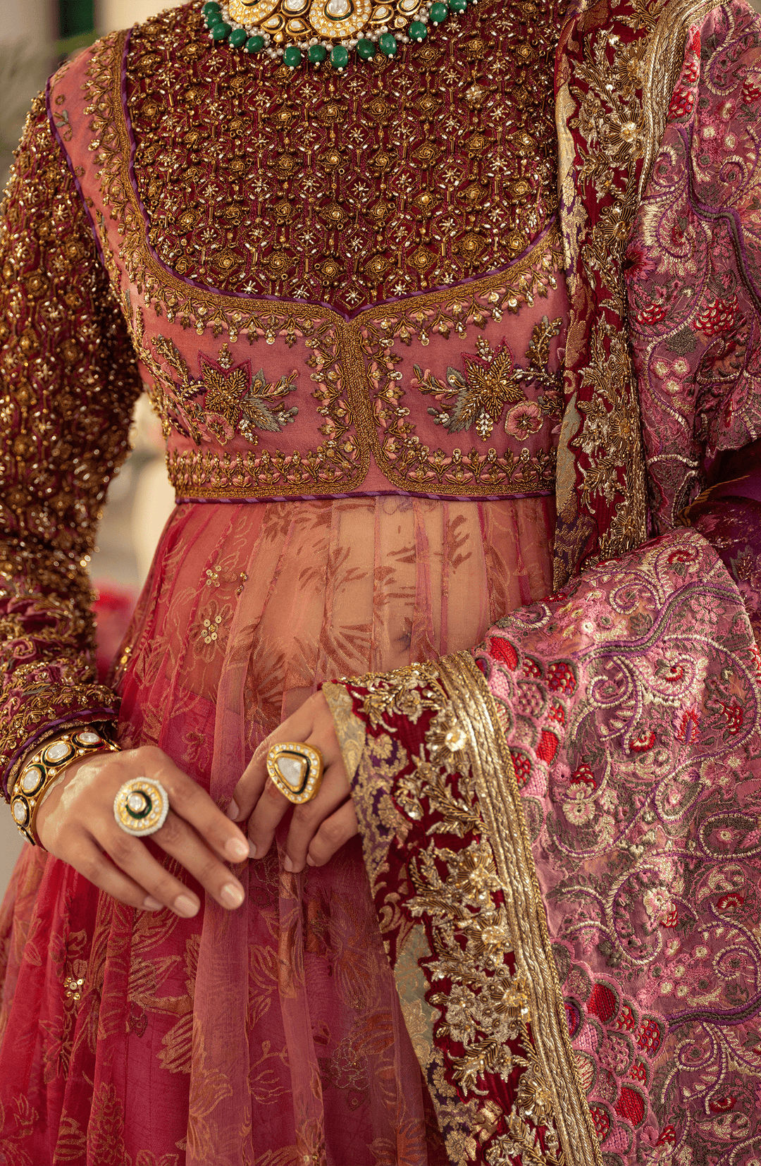 Elegant Watermelon-Pink Pakistani Bridal Dress Ensemble