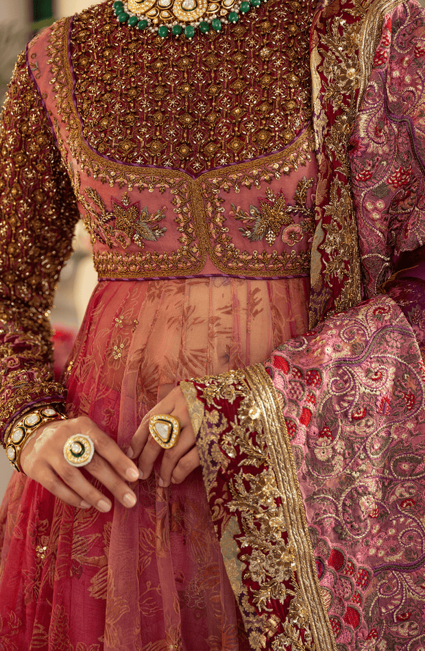 Elegant Watermelon-Pink Pakistani Bridal Dress Ensemble