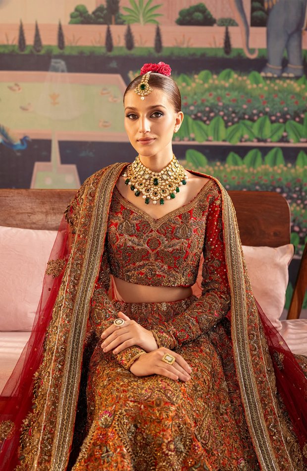 Vibrant Tangerine Red Pakistani Bridal Lehenga Ensemble