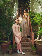 Elegant Blush Pink Pakistani Sherwani with Gold Accents