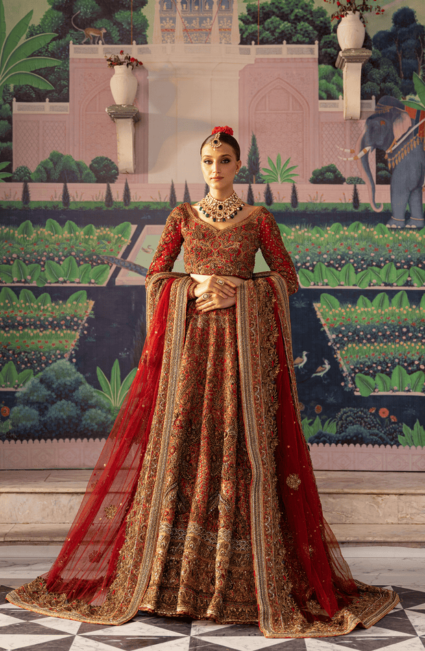Vibrant Tangerine Red Pakistani Bridal Lehenga Ensemble