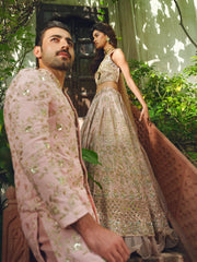 Elegant Blush Pink Pakistani Sherwani with Gold Accents