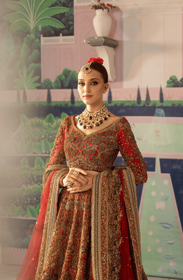Vibrant Tangerine Red Pakistani Bridal Lehenga Ensemble