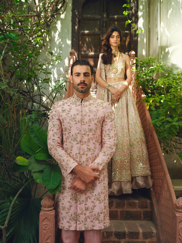 Elegant Blush Pink Pakistani Sherwani with Gold Accents