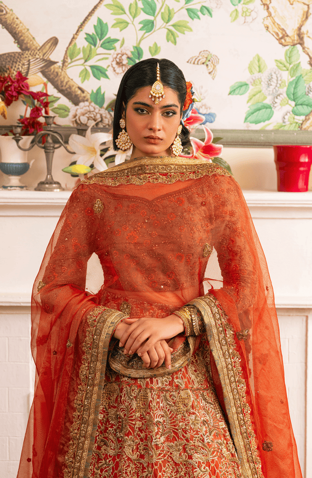 Stunning Jade Green and Coral Orange Pakistani Bridal Dress