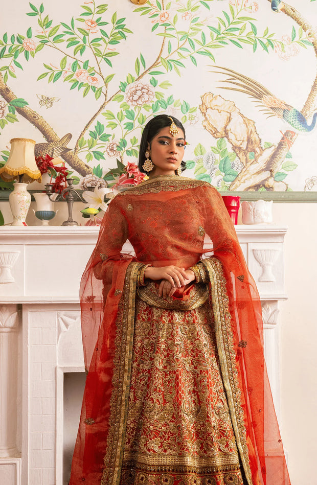 Stunning Jade Green and Coral Orange Pakistani Bridal Dress
