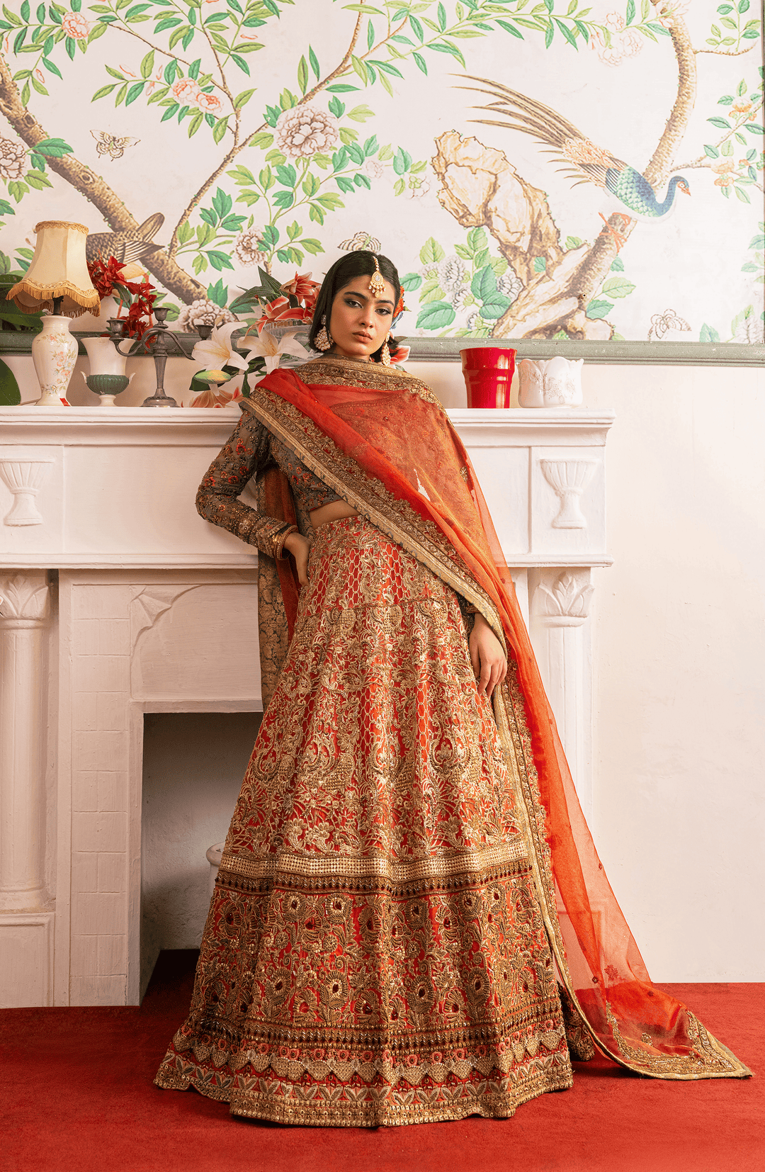 Stunning Jade Green and Coral Orange Pakistani Bridal Dress