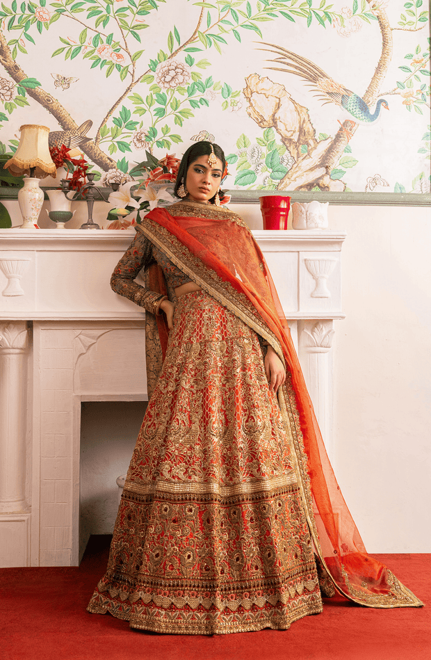 Stunning Jade Green and Coral Orange Pakistani Bridal Dress