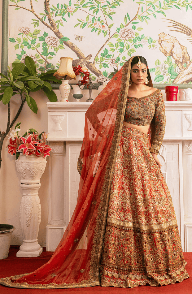Stunning Jade Green and Coral Orange Pakistani Bridal Dress