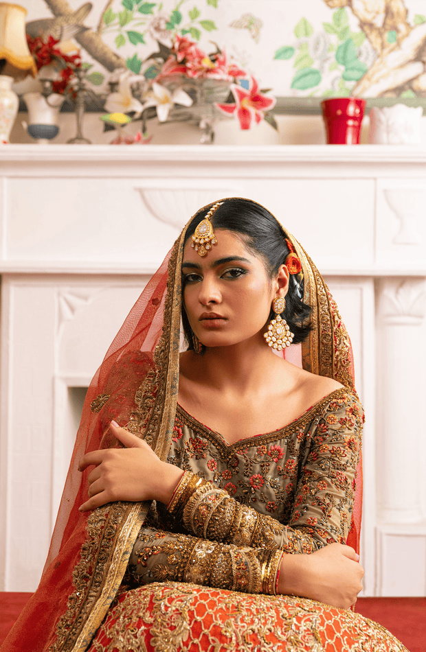 Stunning Jade Green and Coral Orange Pakistani Bridal Dress