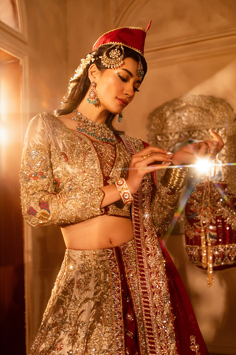 Shahera: Deep Crimson Bridal Lehenga with Fire-Silk Layers