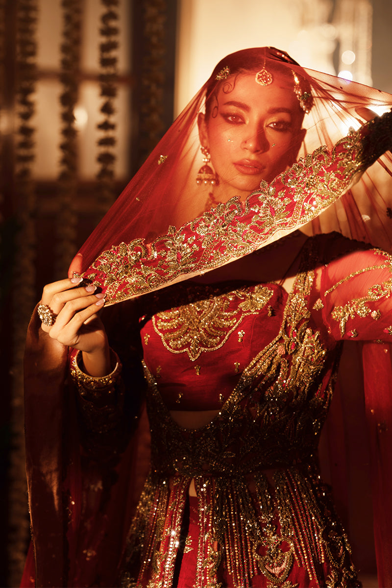 Shahzer Sindoori Red Bridal Lehenga with Gold Zari