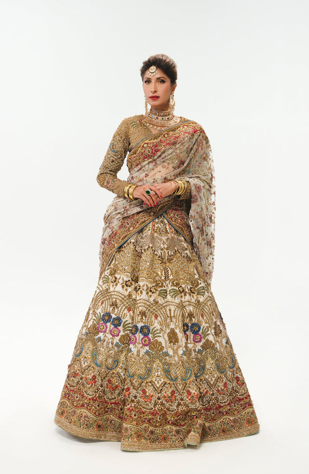 Elegant White Pakistani Bridal Lehenga with Colorful Embellishmen