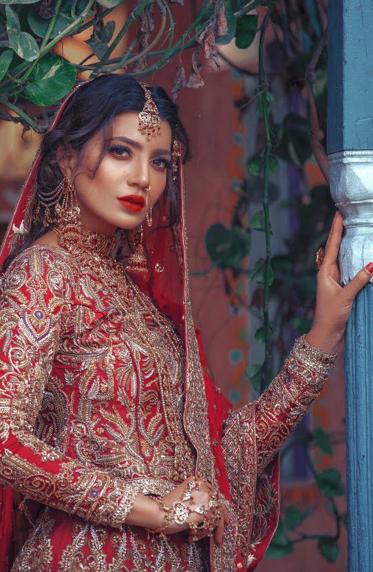 Traditional Pakistani Bridal Lehenga with Gold Embroidery