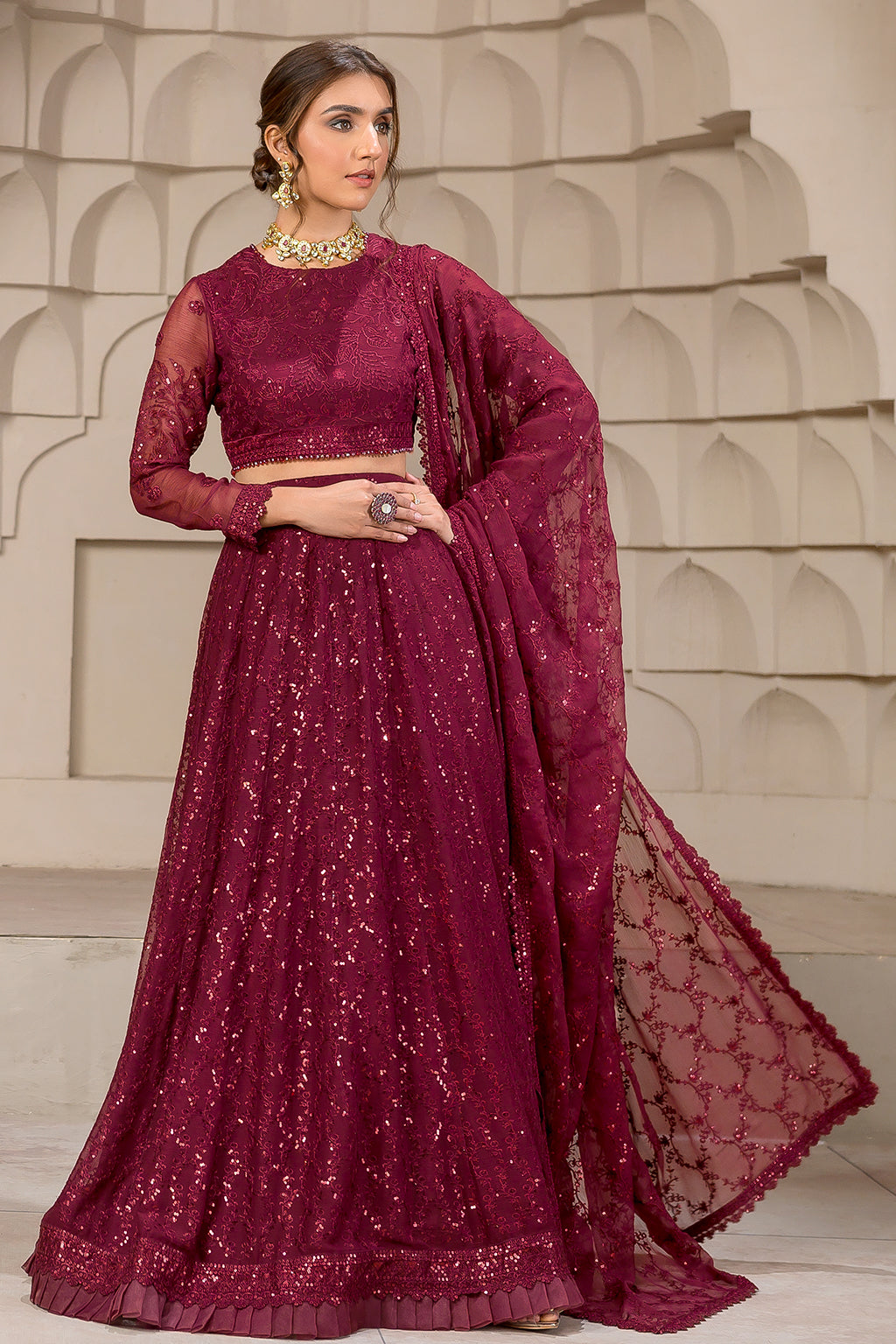 Berria Berry Sequins Embroidered Chiffon Ensemble