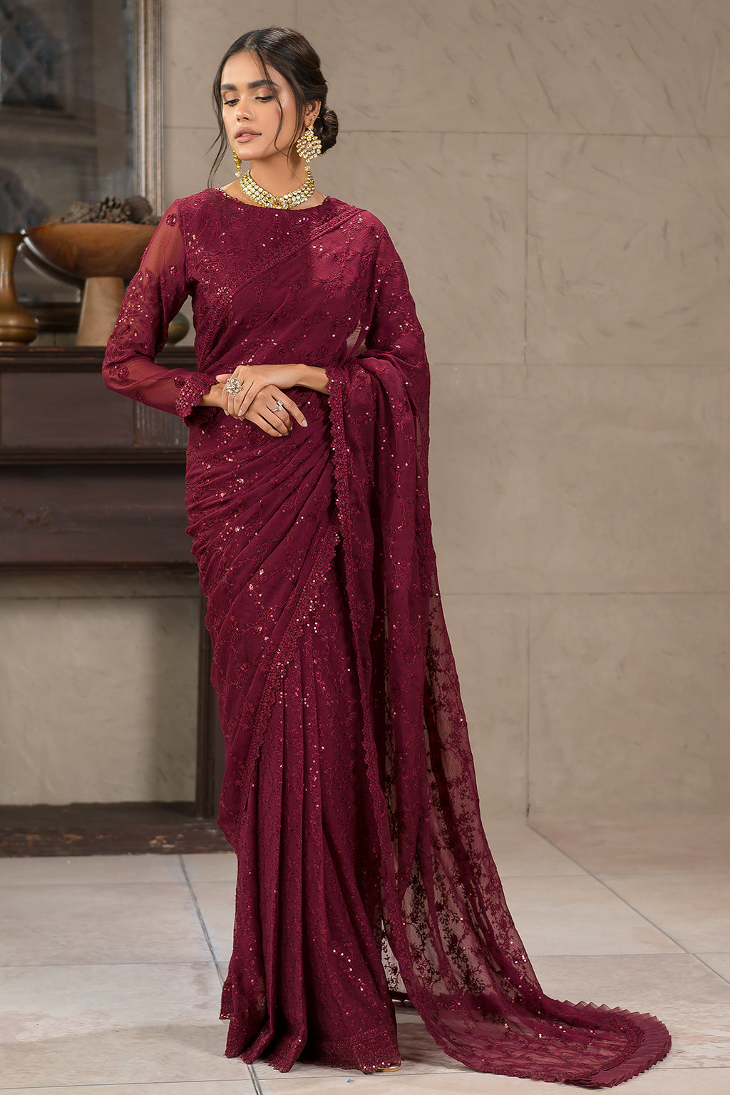 Berria Berry Sequins Embroidered Chiffon Ensemble